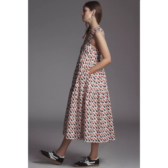 By Anthropologie Square-Neck Tiered Babydoll Dress Lipstick Print S - Picture 3 of 4